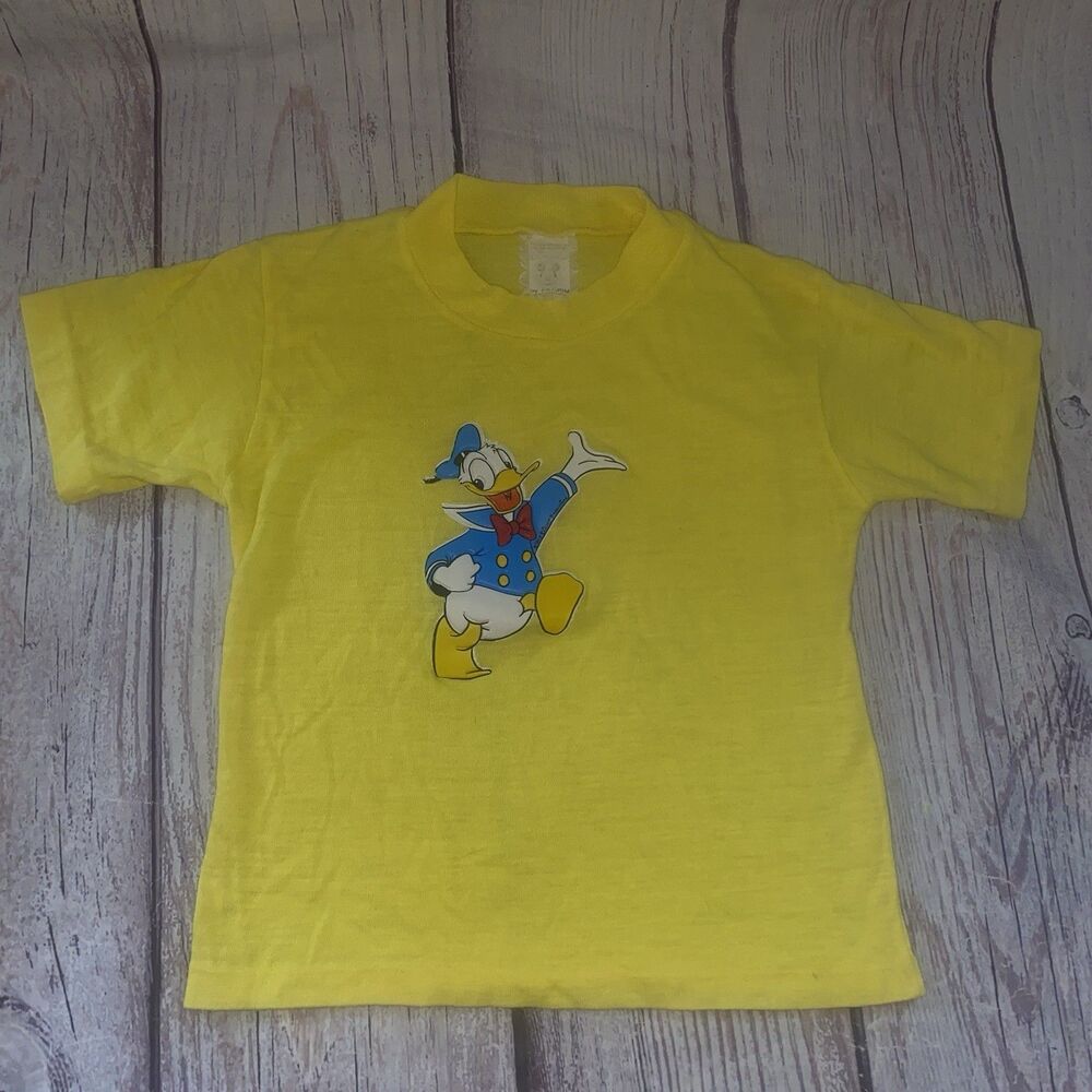 Vintage 80s Donald Duck Disney Puff Print T Shirt Kids 3T Yellow Pilgrim USA B58